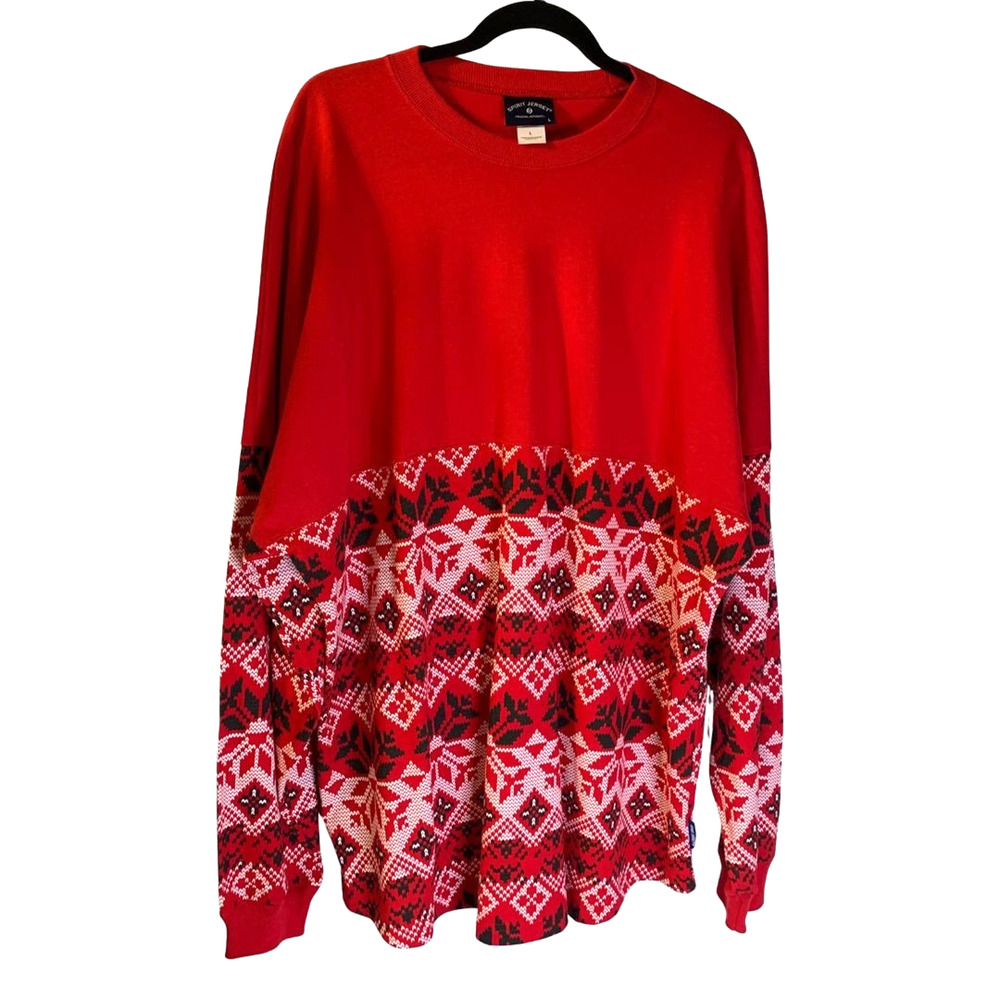 Spirit Jersey Men's Fair Isle Shirt Size L Red Snowflakes Apres Ski Long Sleeve
